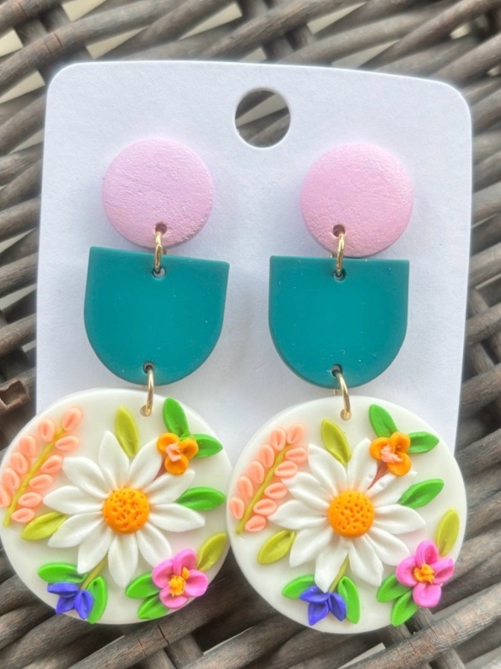 Handmade Floral Polymer Clay Drop Earrings — Pink, Teal & White